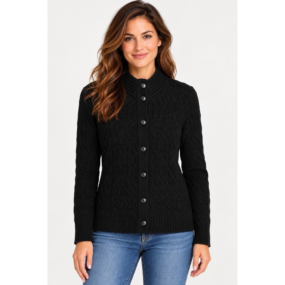 J. Jill Womens Cable Knit Cardigan Sweater M Black Mock Neck Button Front